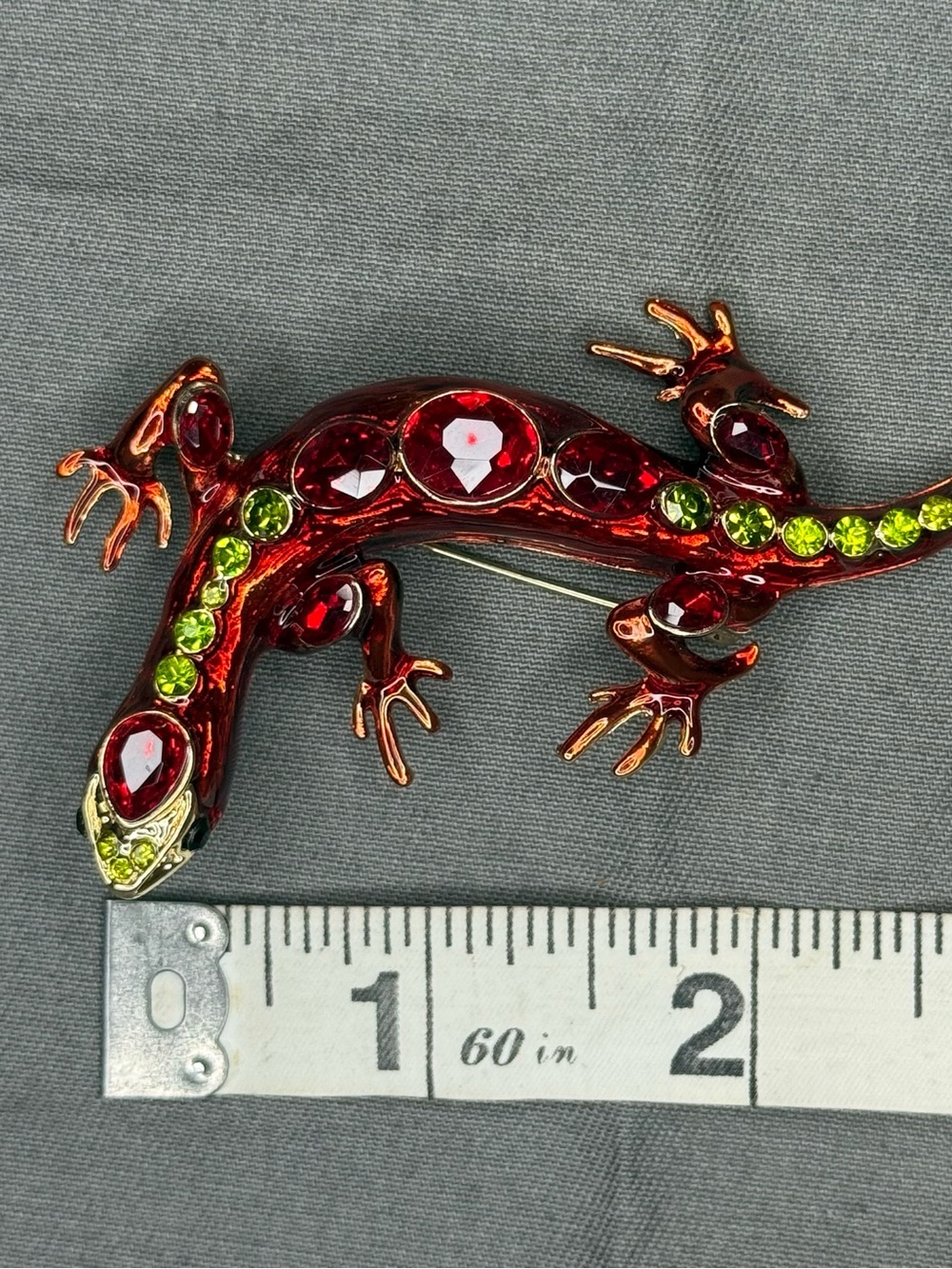 Red and Lime Crystal Lizard Brooch Pin - Brand: